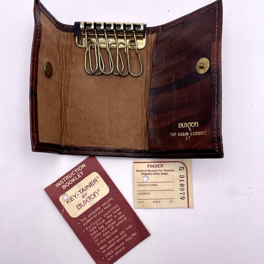 Vtg Buxton Key-Tainer Top‎ Grain Cowhide Leather Trifold 6 Key Wallet Brown #17